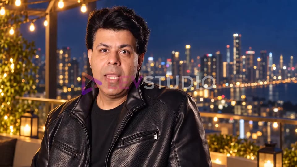 Shakun on a rooftop above the city lights